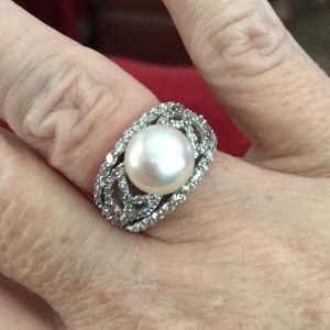 Sterling Silver Faux Pearl and CZ Ring Size 7